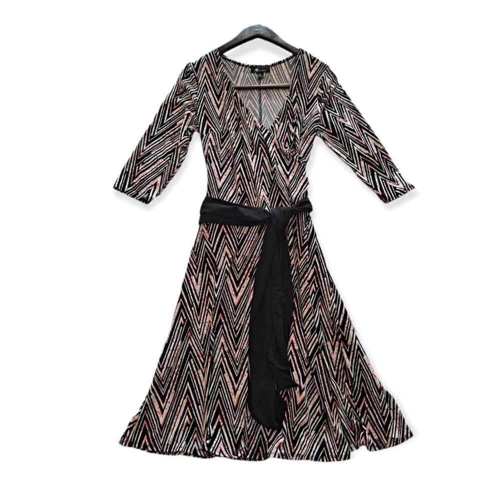 AB Studio Faux Wrap Belted Dress Art Deco Medium